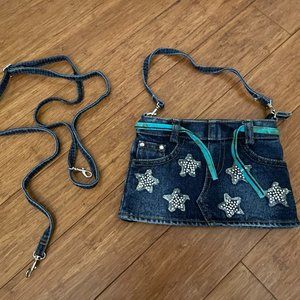 DENIM JEAN FABRIC CROSSBODY CLUTCH HANDLED PURSE APPLIQUE STAR POCKETS REPURPOSE